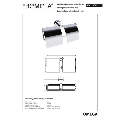 Bemeta OMEGA podwójny uchwyt na papier toaletowy z klapką 104112092