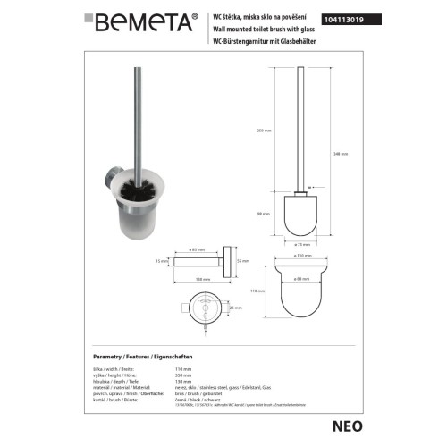 Bemeta NEO szczotka wc czarne włosie 104113019 stal nierdzewna