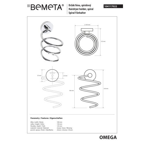 Bemeta OMEGA uchwyt na suszarkę do włosów spiralna 104117022