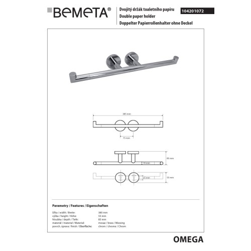 Bemeta OMEGA podwójny uchwyt na papier toaletowy 104201072