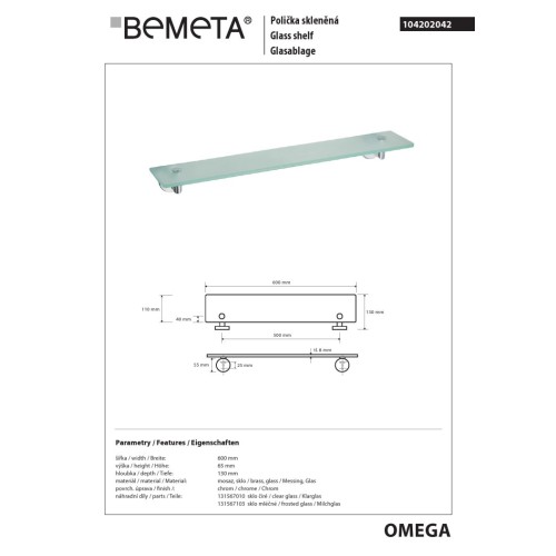 Bemeta OMEGA Półka szklana 600 mm 104202042