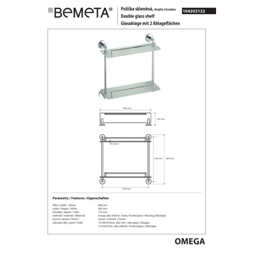 Bemeta OMEGA Półka szklana podwójna 400 mm 104202122
