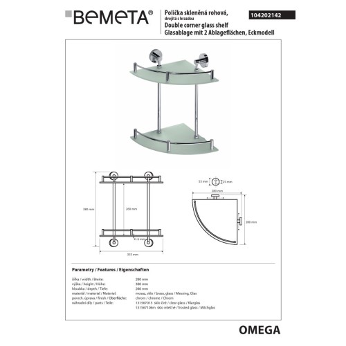 Bemeta OMEGA Podwójna szklana półka narożna 104202142