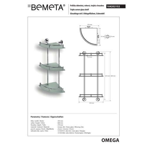 Bemeta OMEGA Półka narożna ze szkła potrójna 104202152