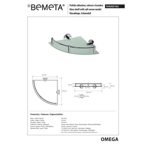 Bemeta OMEGA Półka szklana narożna z relingiem 104202162