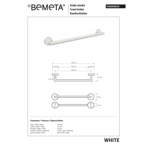 Bemeta WHITE Wieszak na ręcznik 450 mm 104204024