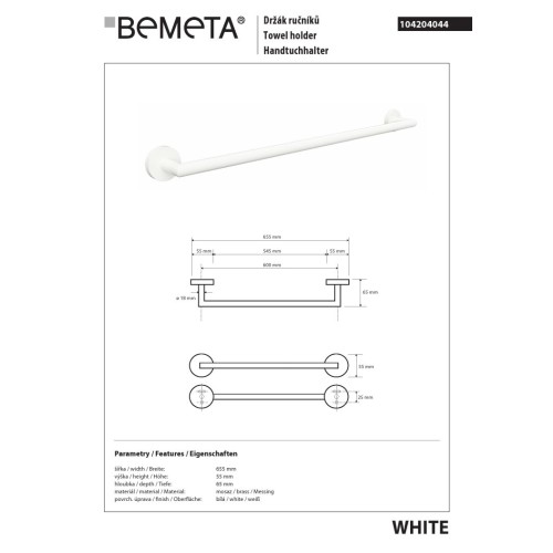 Bemeta WHITE Wieszak na ręcznik 600 mm 104204044