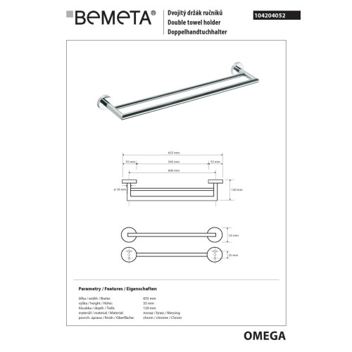 Bemeta OMEGA Podwójny wieszak na ręczniki 600 mm 104204052