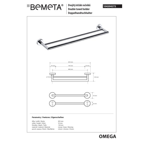Bemeta OMEGA Podwójny wieszak na ręczniki 800 mm 104204272