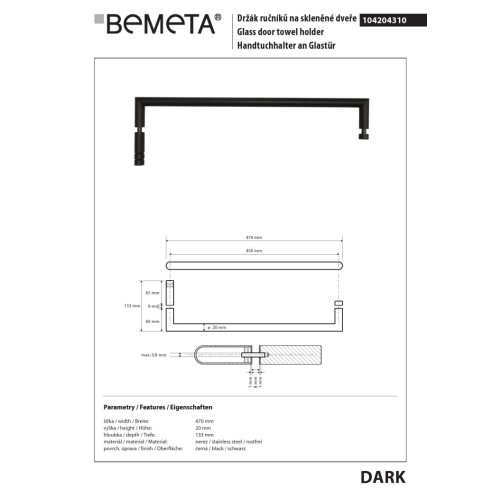 Bemeta DARK wieszak na ręcznik na szklane drzwi 450 mm 104204310