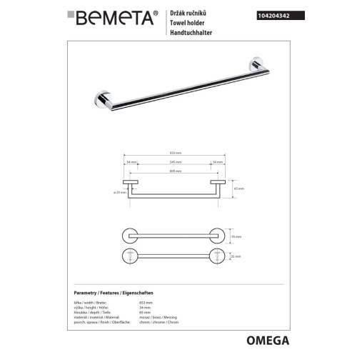 Bemeta OMEGA uchwyt 600 mm średnica 25 mm 104204342