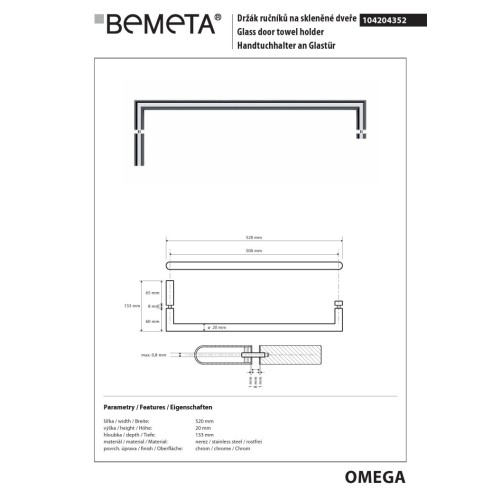 Bemeta OMEGA Wieszak na ręcznik do szklanych drzwi 500 mm 104204352