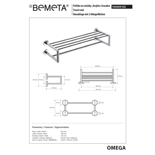 Bemeta OMEGA Podwójny wieszak na ręczniki z relingiem 600 mm 104205102