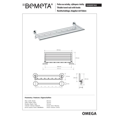 Bemeta OMEGA Składany wieszak na ręczniki 600 mm 104205162
