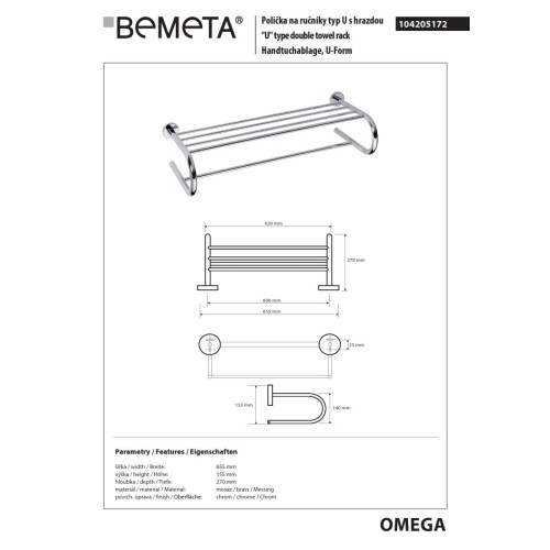 Bemeta OMEGA Wieszak na ręczniki typ U z drążkiem 600 mm 104205172