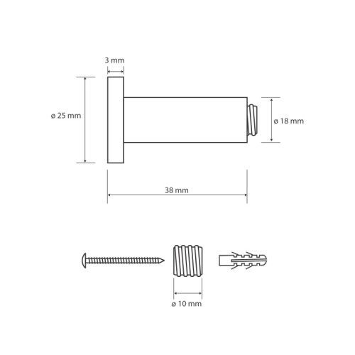 Rysunek techniczny wieszaka Bemeta Omega 104206132 – wymiary 25 × 25 × 38 mm