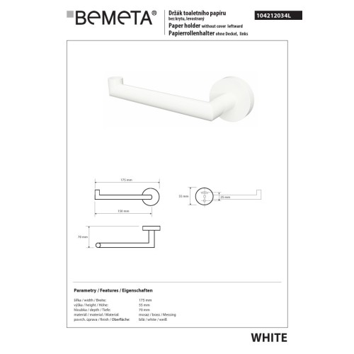 Bemeta WHITE Uchwyt na papier toaletowy lewy 104212034L