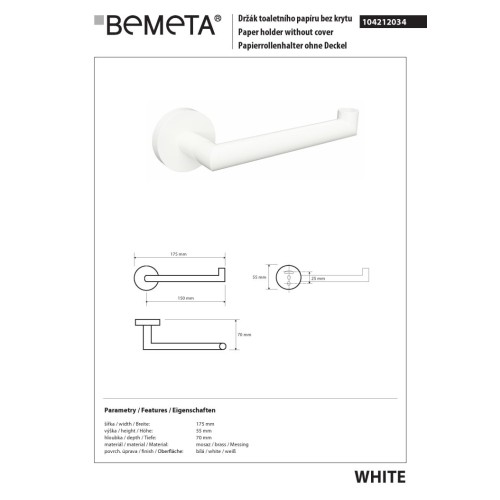 Bemeta WHITE Biały uchwyt na papier toaletowy prawy 104212034