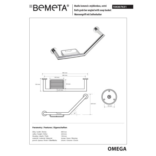 Bemeta OMEGA Poręcz kątowa z mydelniczka 400 mm 104307631