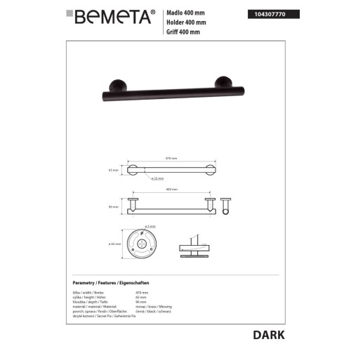 Bemeta DARK Uchwyt 400 mm 104307770