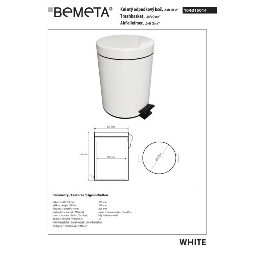 Bemeta WHITE biały kosz na śmieci 5L wolnoopadające wieko 104315014