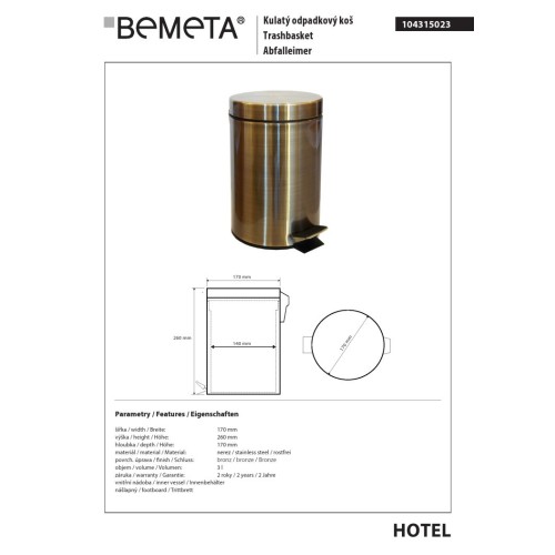 Bemeta RETRO Bronze Kosz na śmieci 3L 104315023
