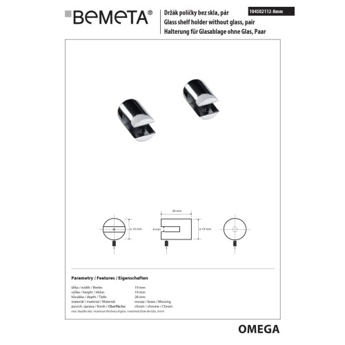 Bemeta OMEGA uchwyt do półki 8mm (2szt) 104502112-8mm
