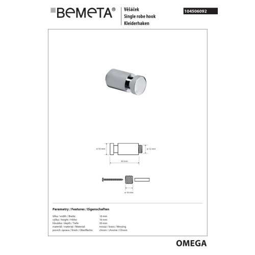Bemeta Omega Wieszak pojedynczy 104506092