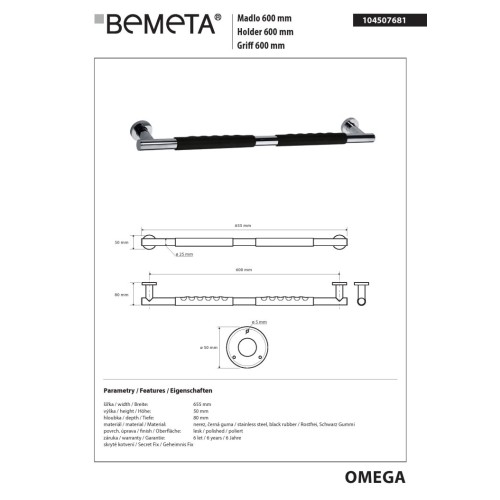 Bemeta OMEGA Uchwyt 600 mm czarna guma 104507681