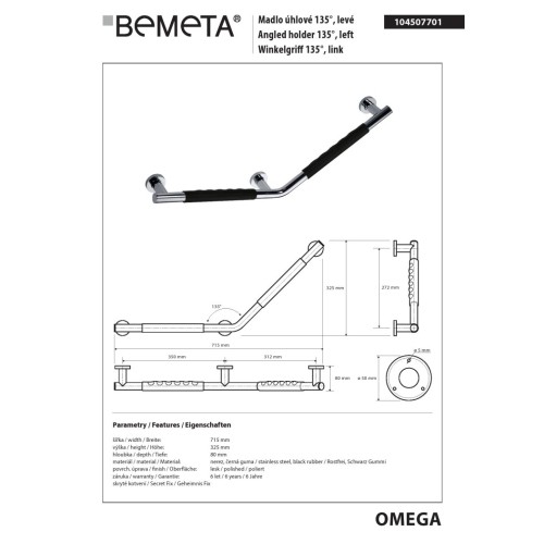 Bemeta OMEGA Uchwyt 135 stopni - prawy czarna guma 104507701