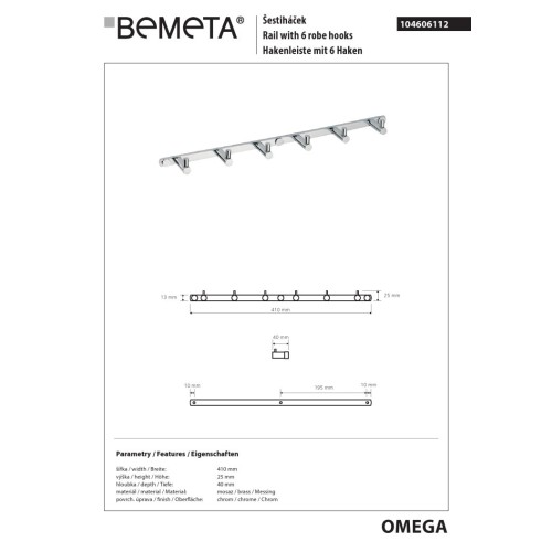 Bemeta OMEGA Wieszak na Ręcznik z 6 Wieszakami 104606112