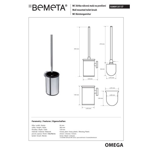 Bemeta OMEGA wisząca szczotka wc czarne włosie 104913117