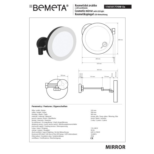 Bemeta Lusterko czarne kosmetyczne z oświetleniem LED 116101770
