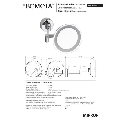 Bemeta Lusterko kosmetyczne z oświetleniem LED 2x 116101802