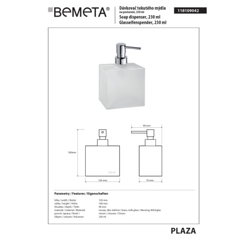 Bemeta PLAZA Dozownik mydła w płynie 230 ml stojący 118109042