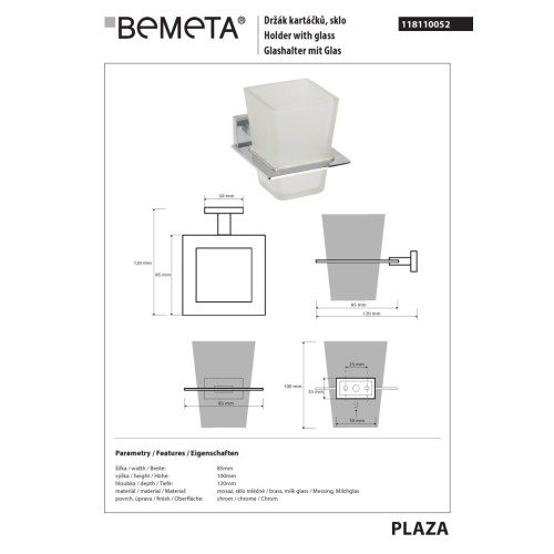 Bemeta PLAZA Szklany uchwyt na szczoteczki 118110052