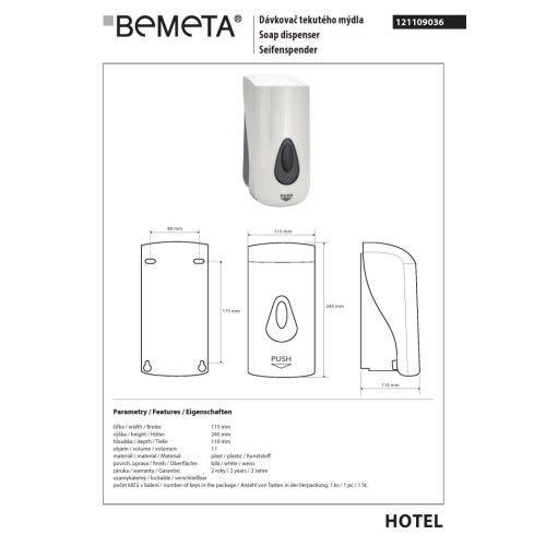 Bemeta Dozownik mydła 1000 ml ręczny plastik biały 121109036
