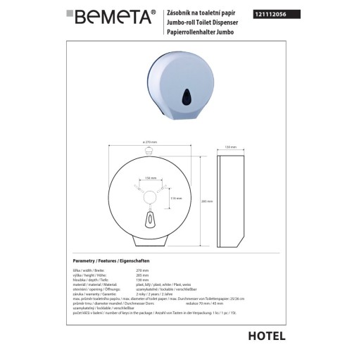 Bemeta Jumbo pojemnik na papier toaletowy biały plastikowy 121112056