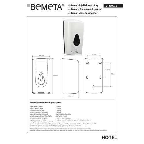 Bemeta Automatyczny dozownik do mydła w pianie 1000 ml 121209032