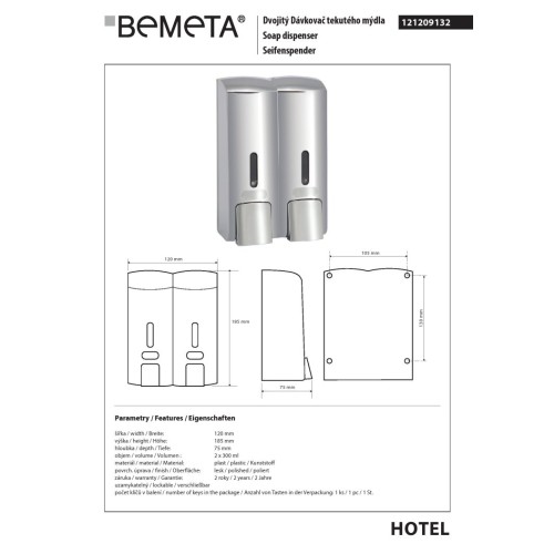 Bemeta Dozownik mydła podwójny 2x300 ml plastikowy połysk 121209132