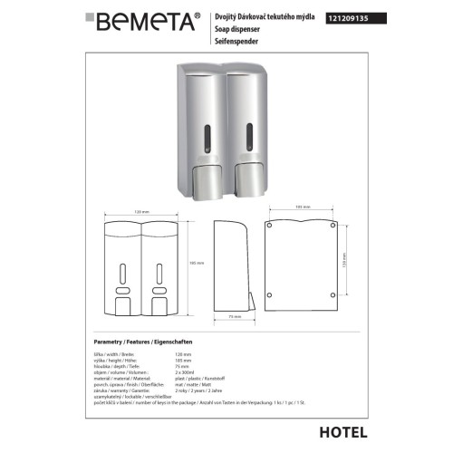 Bemeta Dozownik mydła podwójny 2x300 ml plastik mat 121209135