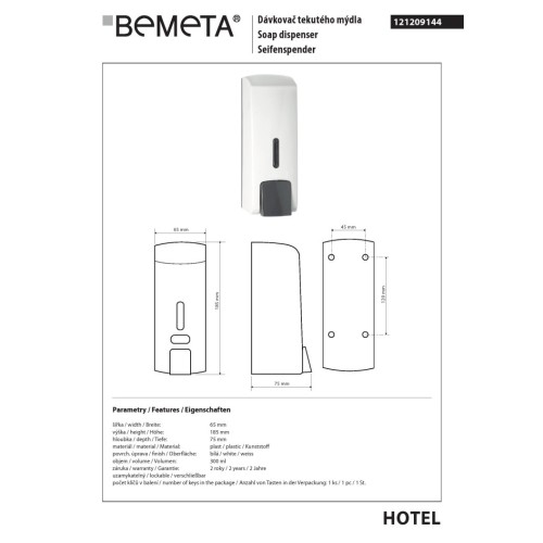 Bemeta Dozownik mydła 300 ml biały plastik 121209144