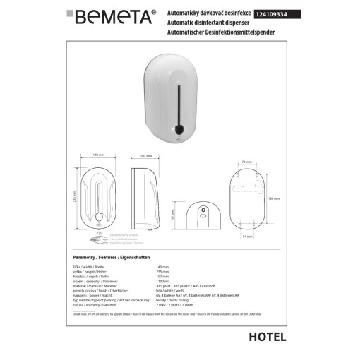 Bemeta Automatyczny dozownik dezynfekcji 1100 ml 124109334