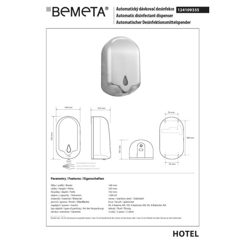 Bemeta Automatyczny dozownik dezynfekcji 1200 ml stal nierdzewna matowa 124109335