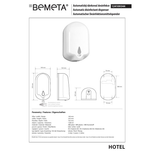 Bemeta Automatyczny dozownik dezynfekcji 1200 ml 124109344