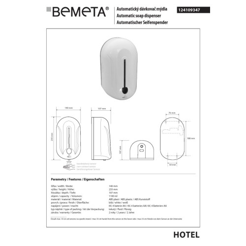 Bemeta Automatyczny dozownik mydła 1100 ml 124109347
