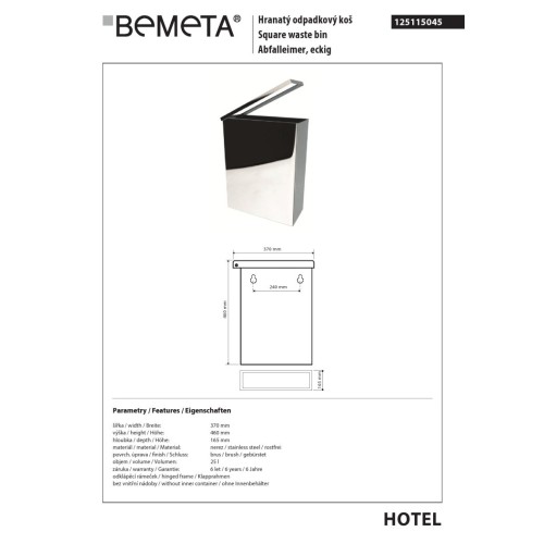 Bemeta Kwadratowy kosz na śmieci 25l matowy 125115045