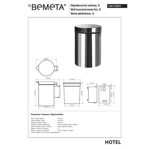 Bemeta Kosz na śmieci 3L - wiszący stal nierdzewna połysk 125115051