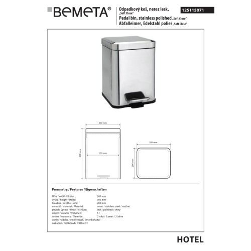 Bemeta Kosz na śmieci kwadratowy 6L - stal nierdzewna połysk 125115071