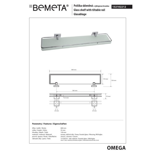 Bemeta BETA Półka szklana ze składanym drążkiem 600 mm 132102212